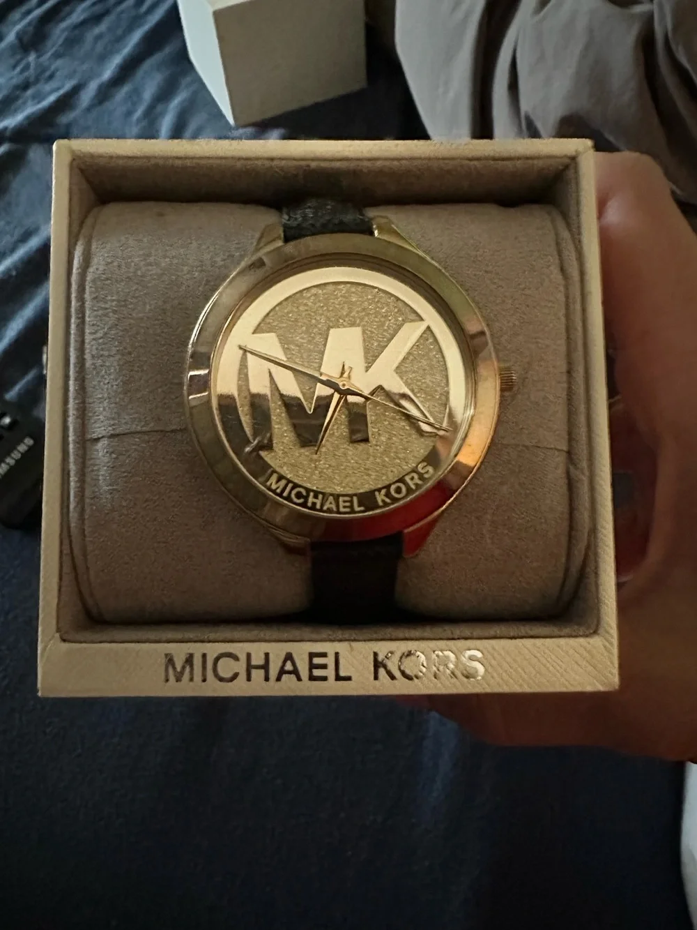 Michael Kors Slim Runway Gold Dial Leather Watch